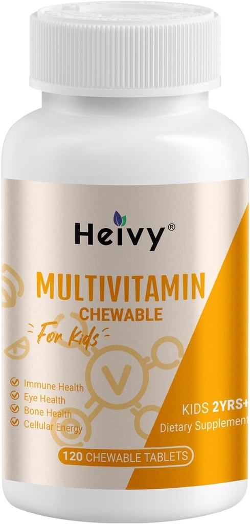 Heivy Toddlers Πολυβιταμίνες, παιδιά Μασώμενη βιταμίνη D3, C, βιταμίνη B12, B6, βιταμίνη Α, Ε & ψευδάργυρος για ανοσοποιητική υποστήριξη και υγεία, 120 μασώμενα δισκία
