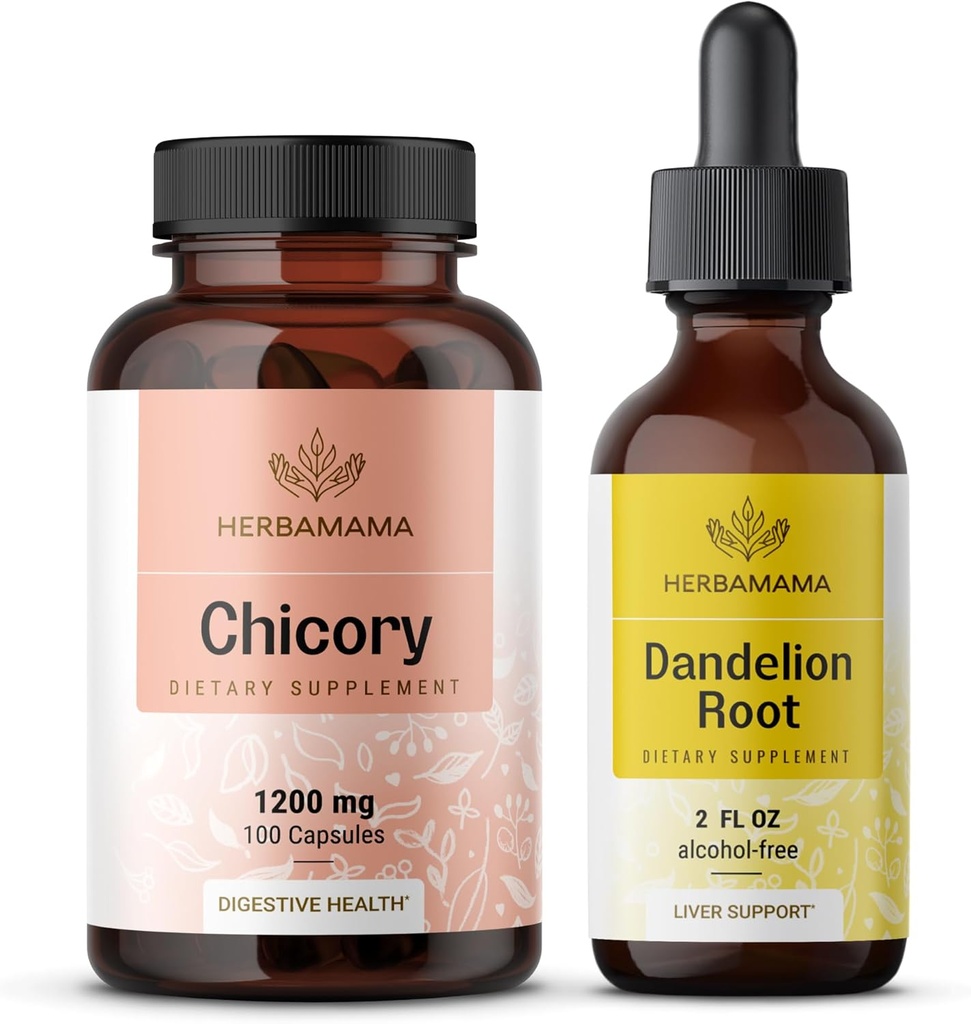 HERBAMAMA Chicory and Dandelion Kit - Bundle των 1200 mg Chicory Root Capses & Dandelion Root Tincture 2 fl oz - Vegan, μη GMO, Ζάχαρη & Αλκοόλ- Δωρεάν - 2 Pack