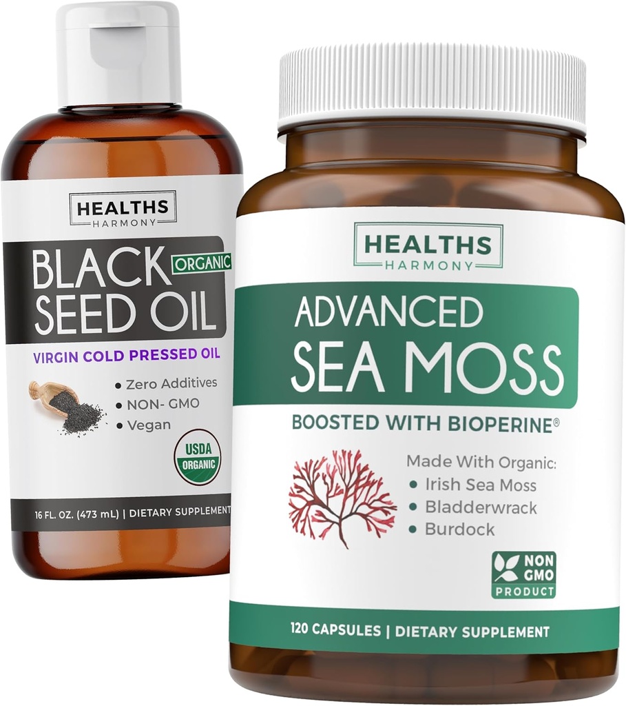 Black Seed Oil Liquid & Sea Moss (2-Month Supply) Sea & Seed Fusion Bundle - Black Seed Oil Liquid (16fl.oz) Premium Clack-Pressed Cumin Seed Oil & Organic Irish Sea Moss with BioPerine - Vegan