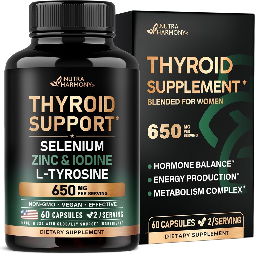 Thyroid Support for Women - Selenium 200 mcg | Astragalus | Zinc & Iodine | L-Tyrosine | Adaptogen Herbs - 21-in-1 Antioxidant & Immune Support - Made in USA - Vegan, Non-GMO, Lab Tested - 60 Capsules