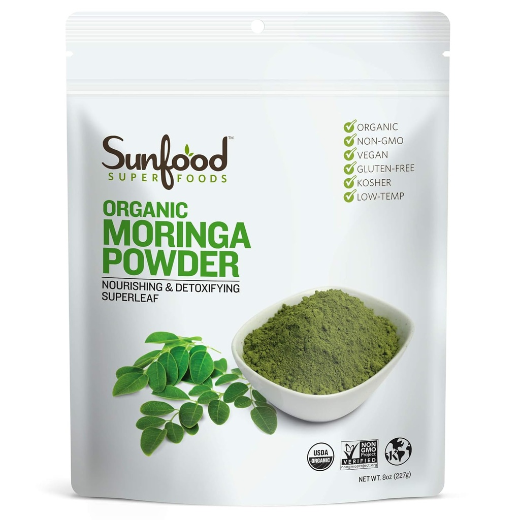 Sunfood Moringa Powder, Βιολογικό. Χρήση για την απώλεια μαλλιών, απώλεια βάρους. Καθαρό ενιαίο συστατικό προϊόν. 8 oz τσάντα