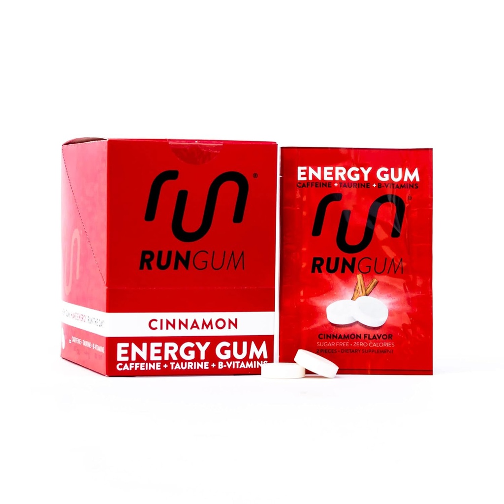 RUN GUM Cinnamon Energy Gum 50mg καφεΐνη Ταυρίνη & B-βιταμίνες ανά κομμάτι, 24 κομμάτια (πακέτο των 12), 2 κομμάτια = 1 καφές ή ενεργειακό ποτό, ζάχαρη δωρεάν, χωρίς θερμίδες