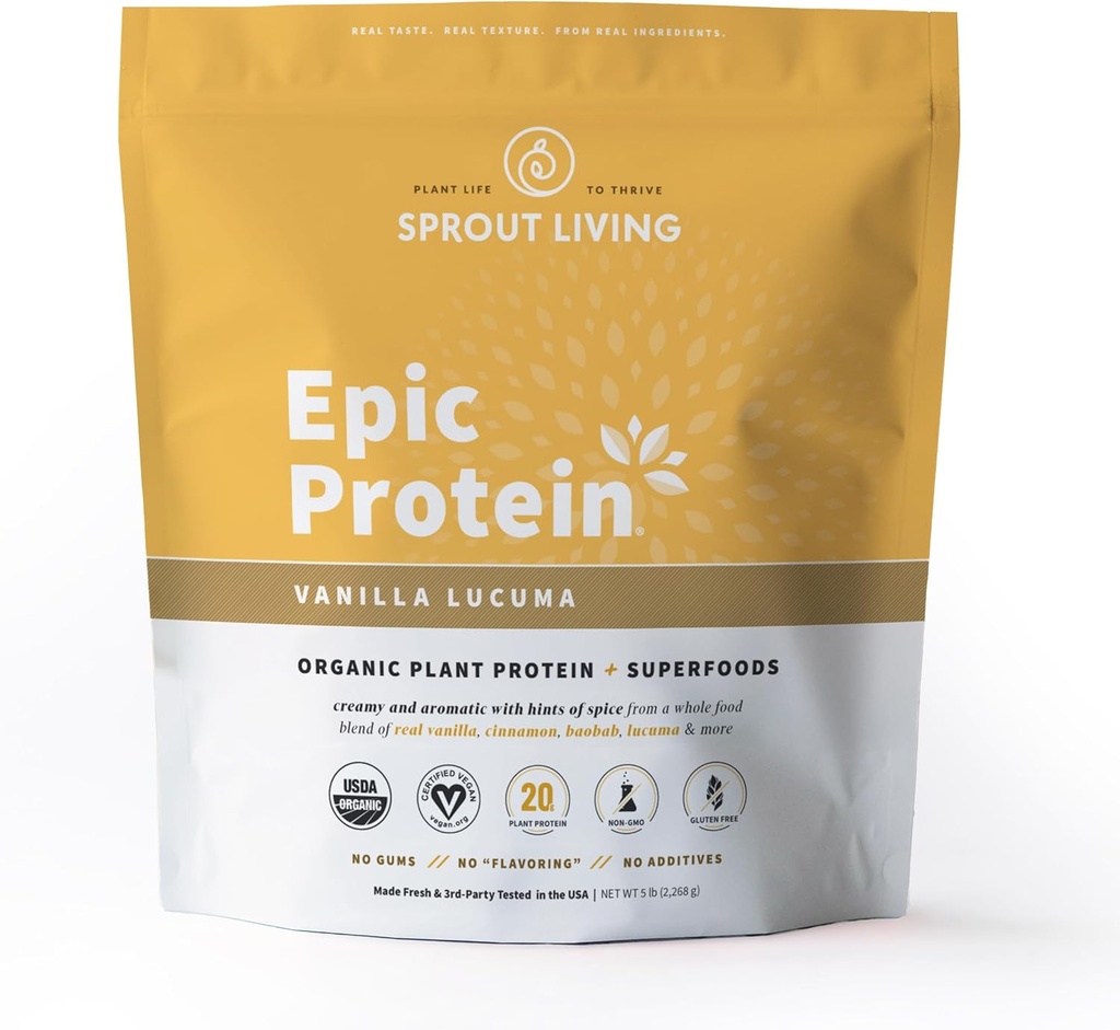 Sprut Living Epic Protein, Πρωτεΐνη & Superfoods με βάση φυτά σε σκόνη, Vanilla Lucuma σκόνη 20 γραμμάρια οργανική πρωτεΐνη σε σκόνη, Vegan, μη γαλακτοκομικά, μη-ΓΤΟ, Χωρίς γλουτένη, χαμηλή ζάχαρη (5 Λίρες, 60 σερβίτσια)