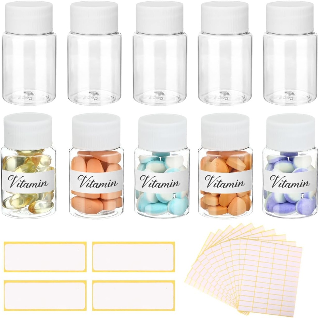10Pcs Μπουκάλια Χάπια με Κενές Ετικέτες - 30ml Δοχεία Ιατρικής με Βίδα Καπάκια - Πλαστικό Κενό Μικρό Δοχείο Χάπια Διαρροή-Proof Καθαρό Βαζάκι Δείγματος για Dispense για Υγρό Στερεό Όνομα Stickers