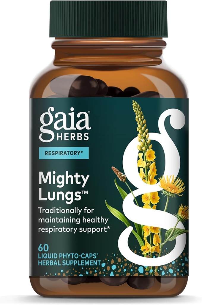 Gaia Herbs Mighty Lungs - συμπλήρωμα υποστήριξης πνεύμονα για να βοηθήσει στη διατήρηση του συνολικού πνεύμονα & αναπνευστική υγεία* - Με Mullein, Plantain, Schisandra & Elecampane - 60 Vegan Liquid Phyto-Capsules (30-Day Supply)