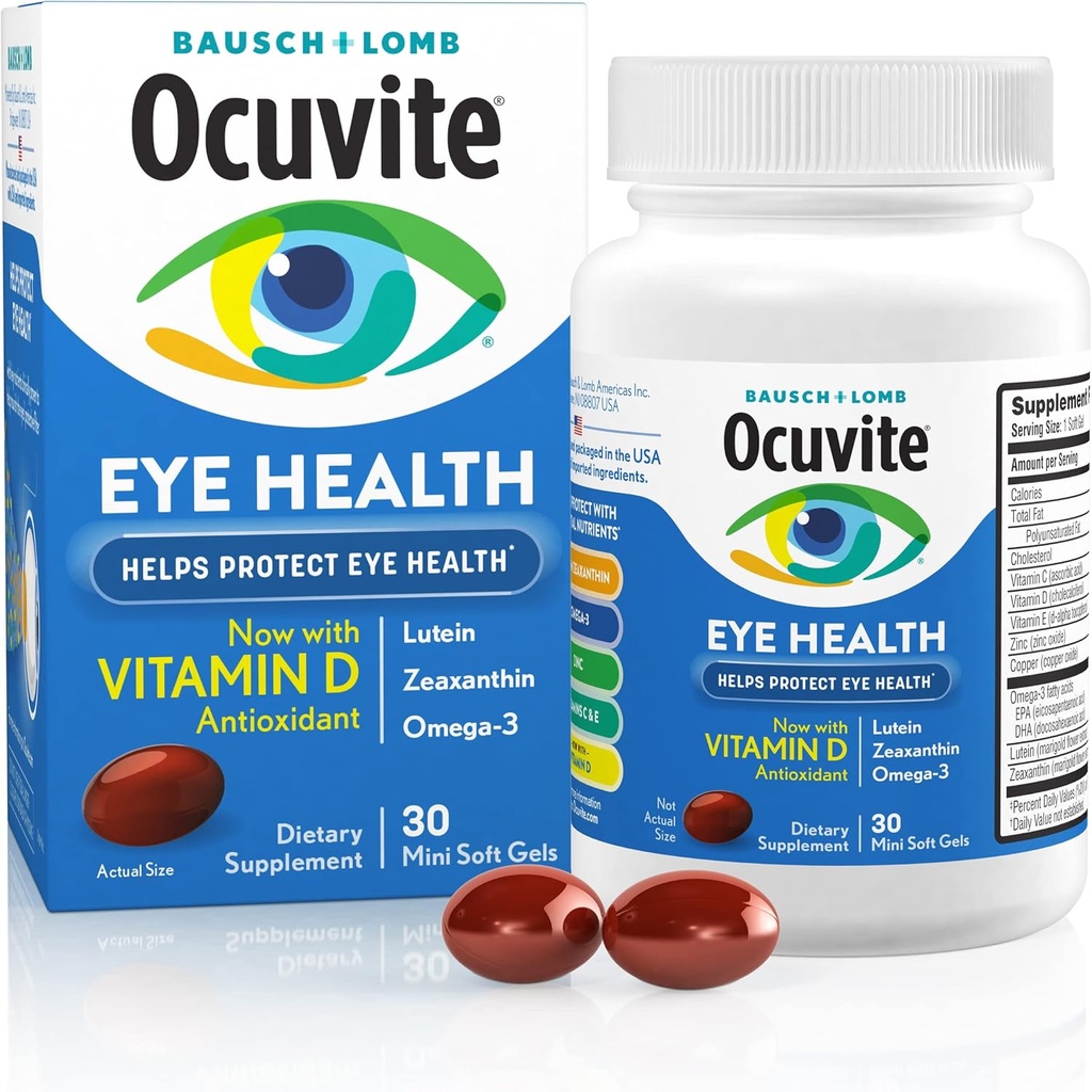 Ocuvite Eye Health, Lutein & Zeaxanthin συμπλήρωμα, Βιταμίνη ματιών με αντιοξειδωτική βιταμίνη D, C, E & Omega-3, βοηθά στην προστασία της υγείας ματιών, 30 Softgels