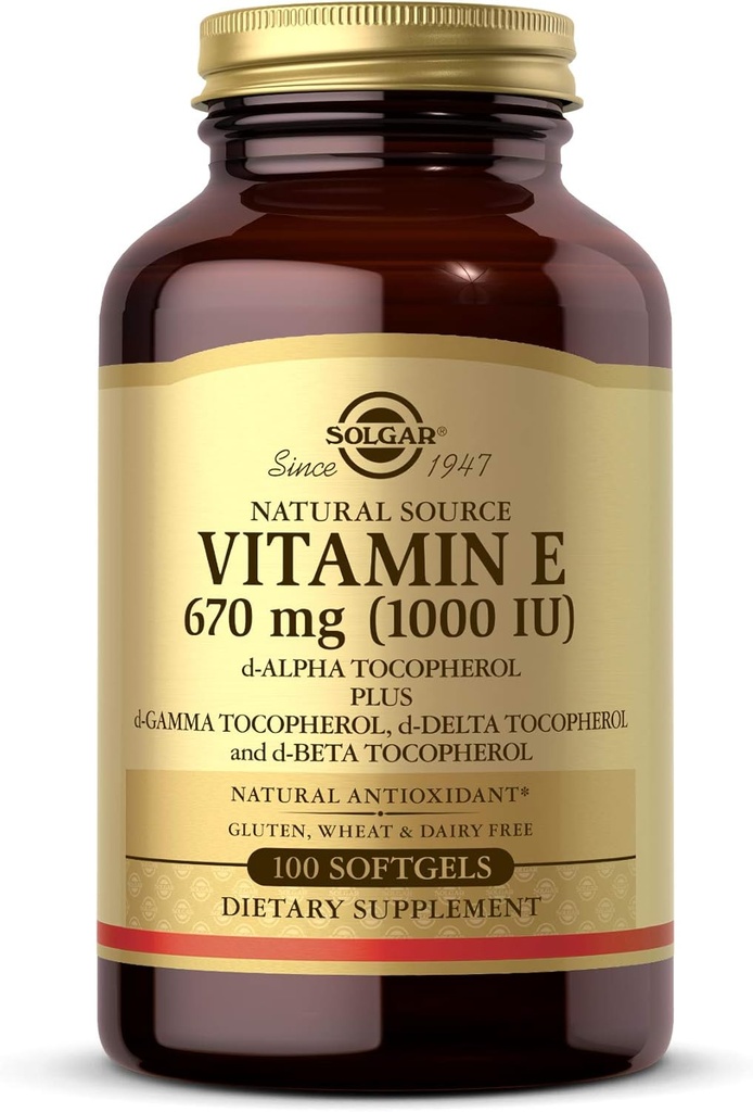 Solgar Vitamin E 670 mg (1000 IU), 100 Mixed Softgels - Φυσικό Αντιοξειδωτικό, Δερμάτινο & Ανοσοποιητικό Σύστημα Υποστήριξη - Φυσικώς-Πηγή Βιταμίνη Ε - Χωρίς γλουτένη, Χωρίς γαλακτοκομικά - 100 Σερβιέτες