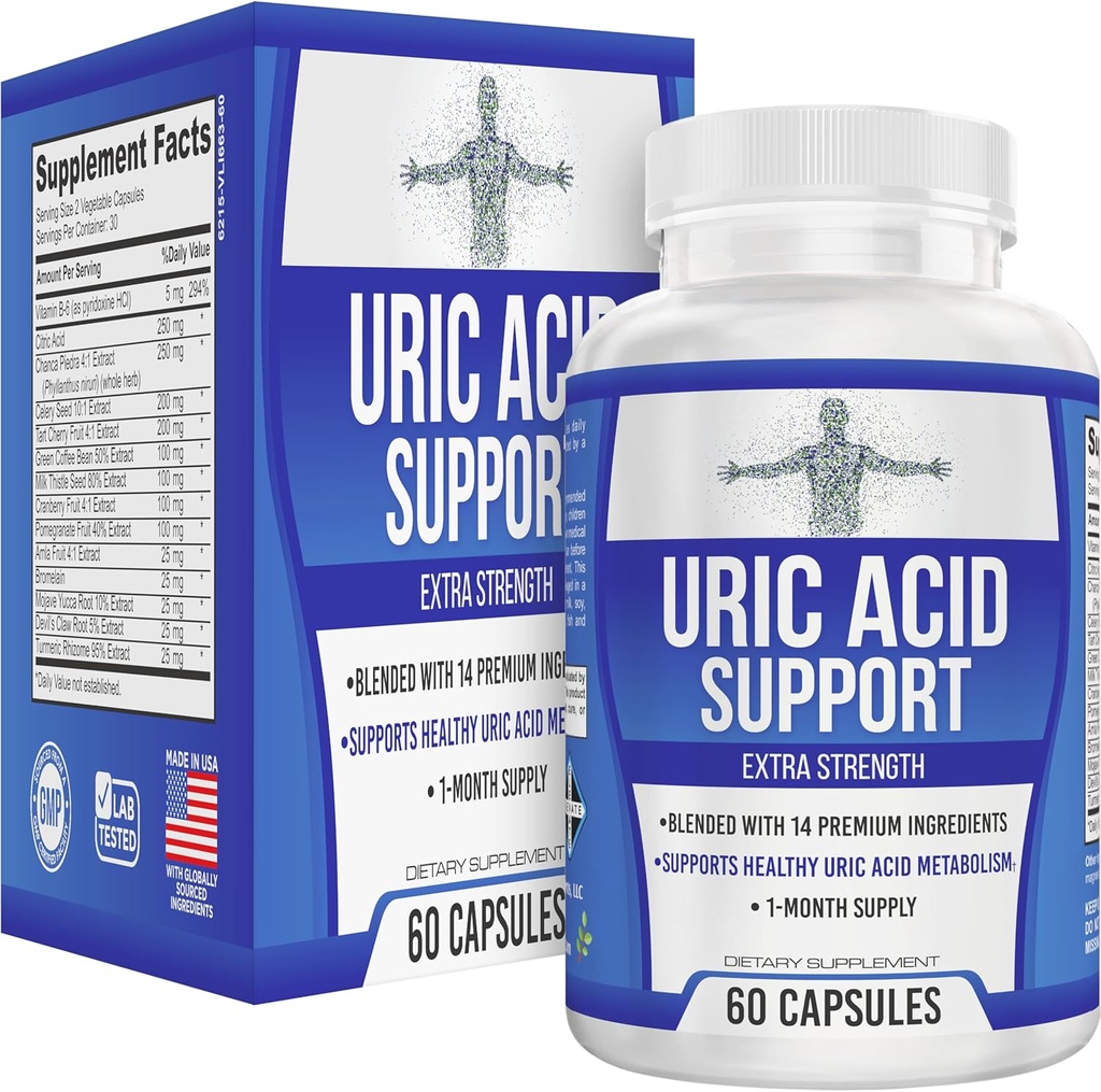 All-in-1 Uric Acid Cleanse Support Supplement with 14 Active Ingredients | Daily Detox & Flush Support | Uric Acid Health Supplements for Men & Women | 60 Capsules