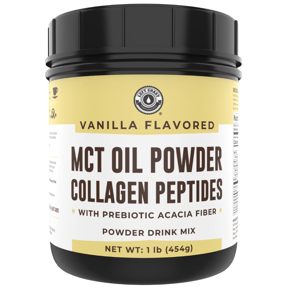 Keto MCT Oil Powder + Collagen + Prebiotic Acacia Fiber, Vanilla Flavor, 16oz. MCT Oil Powder from Coconuts. Grass Fed Collagen, Ιδανικό για Keto, 0 Net Carb, Stevia, Erythritol, πόσιμο σε σκόνη