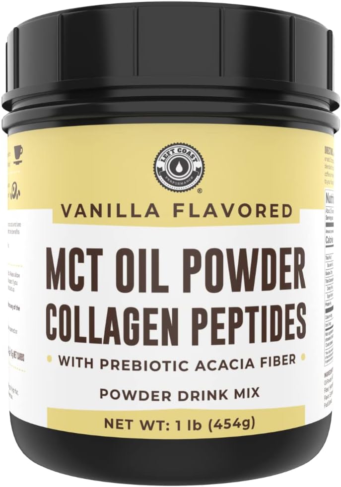 Keto MCT Oil Powder + Collagen + Prebiotic Acacia Fiber, Vanilla Flavor, 16oz. MCT Oil Powder from Coconuts. Grass Fed Collagen, Perfect for Keto, 0 Net Carb, Stevia, Erythritol, Powdered Drink
