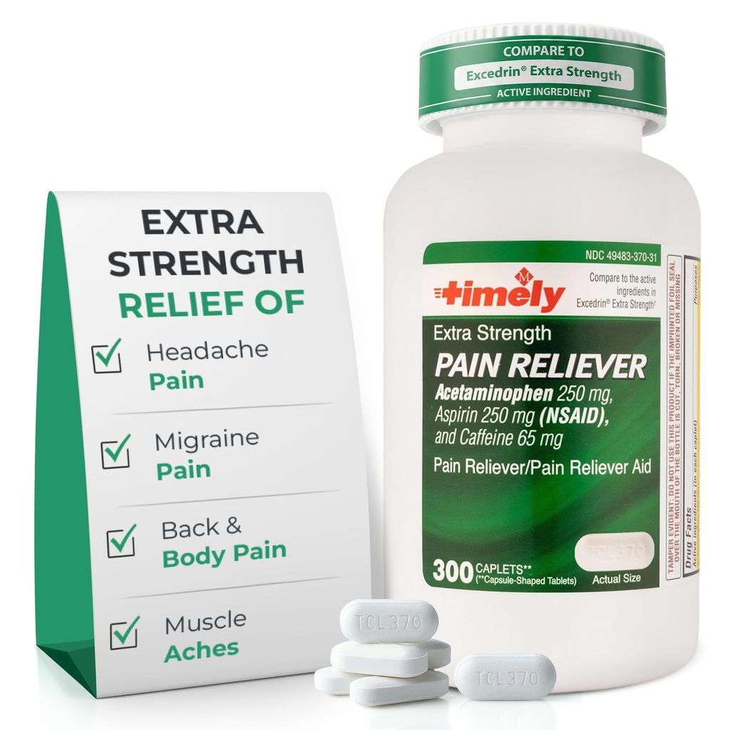 TIME-Cap Labs Extra Strength Acetaminophen 250mg, Aspirin 250mg & Caffeine 65mg Caplets - Triple Action Pain Reliever for Migraines & Headache Relief, Muscle Aches & Body Pain (300 Count)