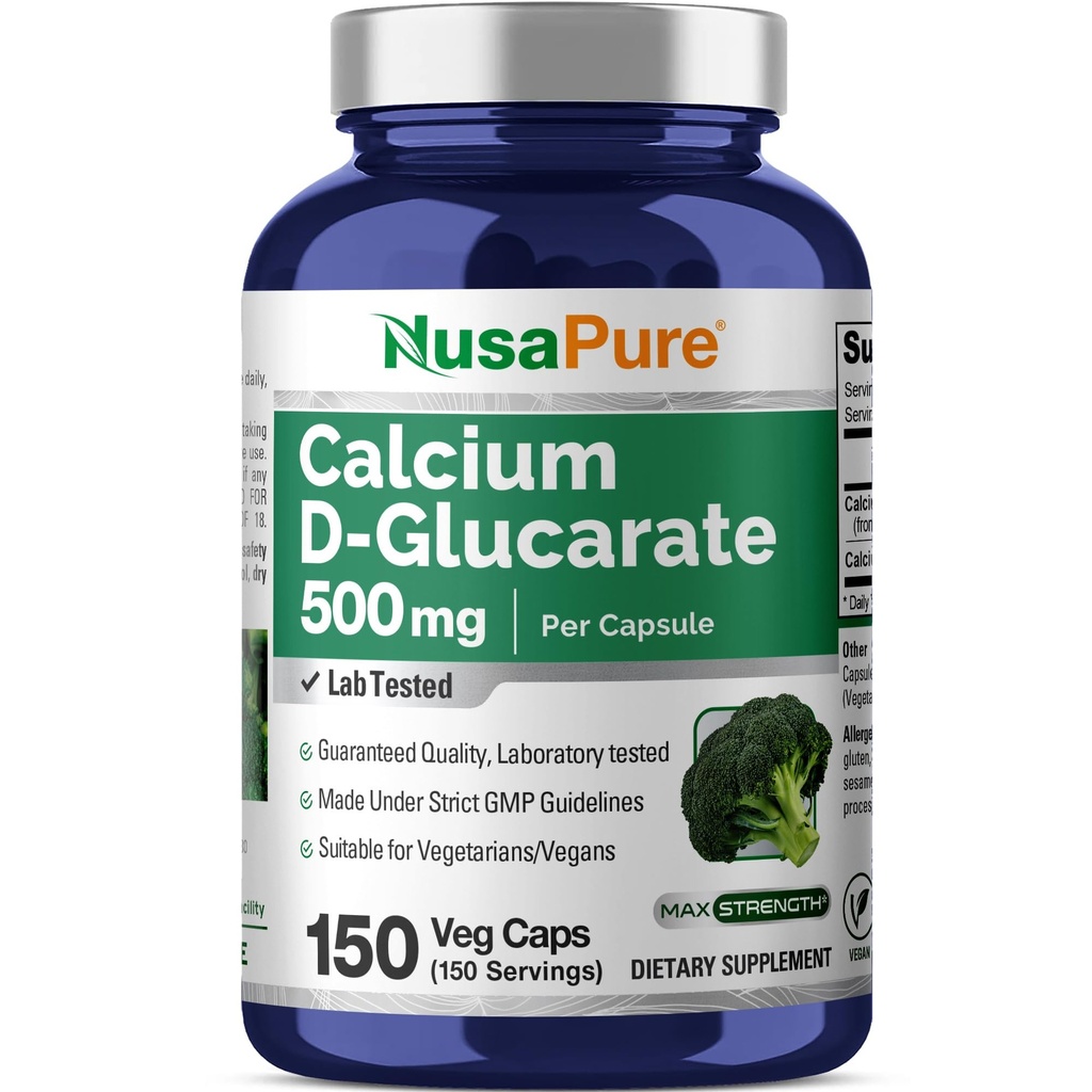 NusaPure Ασβέστιο D-Glucarate 500 mg 150 Veggie Caps, Vegan, μη GMO, Χωρίς γλουτένη