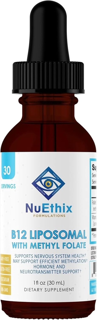 NuEthix Formulations B12 Liposomal with Methyl Folate Dietary Supplement, Βιοενεργές βιταμίνες Β για την υποστήριξη ενός βέλτιστου μεταβολισμού, 1 ρευστή ουγγιά, 30 εξυπηρετούν