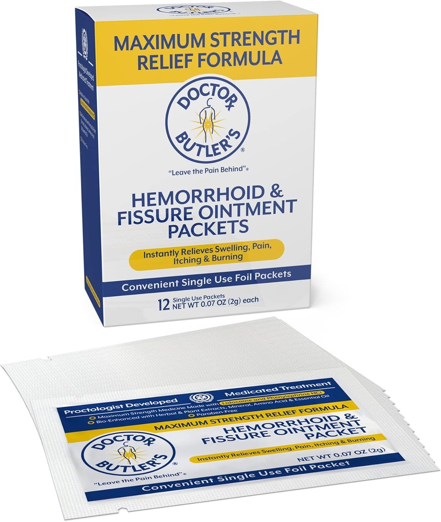 Doctor Butler's Maximum Strength Hemorrhoid & Fissure Ointment 12 to-Go Packets - Instant Pain Relief Hemorrhoid Treatment with Lidocaine, Internal & External Itching, Burning and Swelling Relief