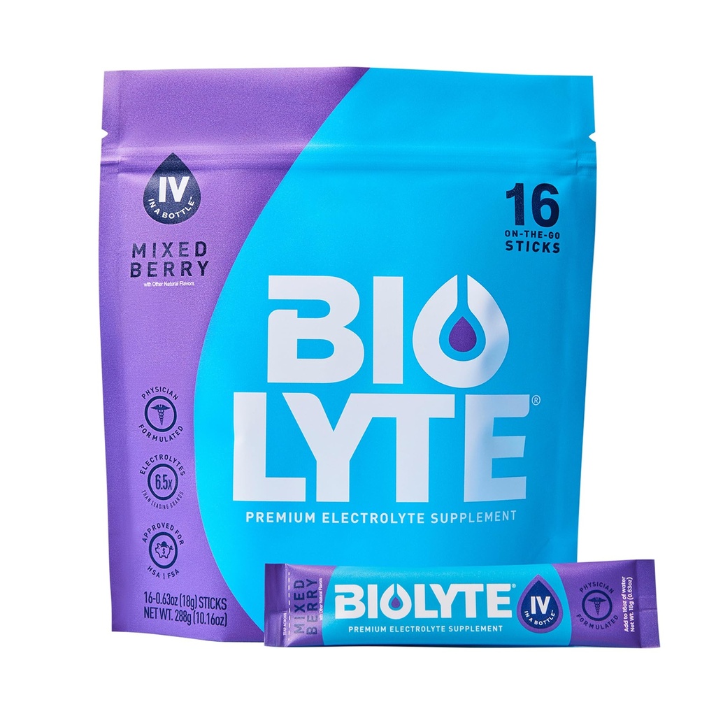 BIOLYTE IV Ηλεκτρολυτές Powder Packets, IV Υγρό Μείγμα Ποτού για Νερό, Γιατρός-Αναπτυσσόμενο Ενυδάτωση, HSA Εγκεκριμένη Αφυδάτωση Ανακούφιση, Χημειοθεραπεία Πρέπει να έχει για γυναίκες & άνδρες - Μικτό μούρο (16 Sticks)