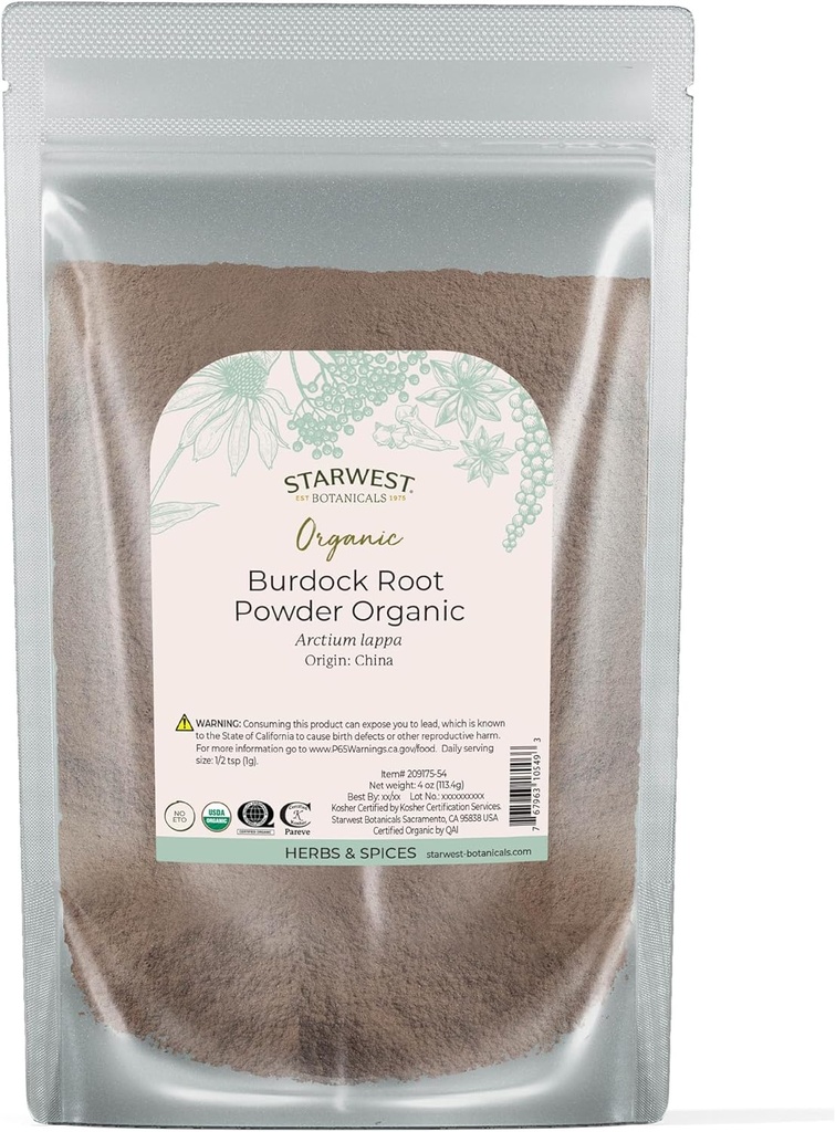 Starwest Botanicals Burdock Root Powder Organic - Φυσική Πηγή Αντιοξειδωτικών, Χαλαρά Βότανα για Τσάι, Ρύζι, Σούπα, & Stews, Πιστοποιημένο Κοσέρ, Μη-GMO - 4 oz Pouch