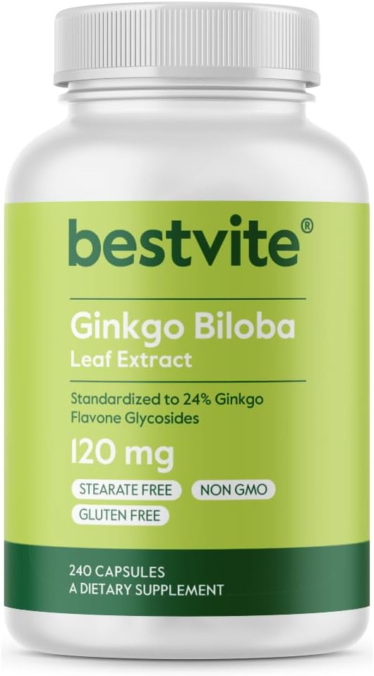BESTVITE Ginkgo Biloba 120mg (240 κάψουλες) - Όχι Stearates - Μη ΓΤΟ - Χωρίς γλουτένη - τυποποιημένο σε 24% Ginkgo Flavone Γλυκοσίδες
