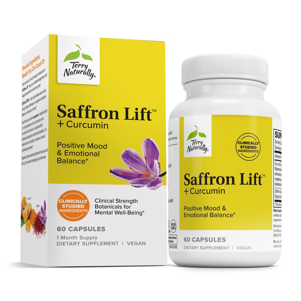 Terry Φυσικά Saffron Lift + Κουρκουμίνη - συμπλήρωμα βοτάνων με κουρκουμίνη - Κάψουλες μη-GMO Saffron & Brain Curcumin - Συμπληρώματα στήριξης συγκέντρωσης & χαλάρωσης - 60 κάψουλες