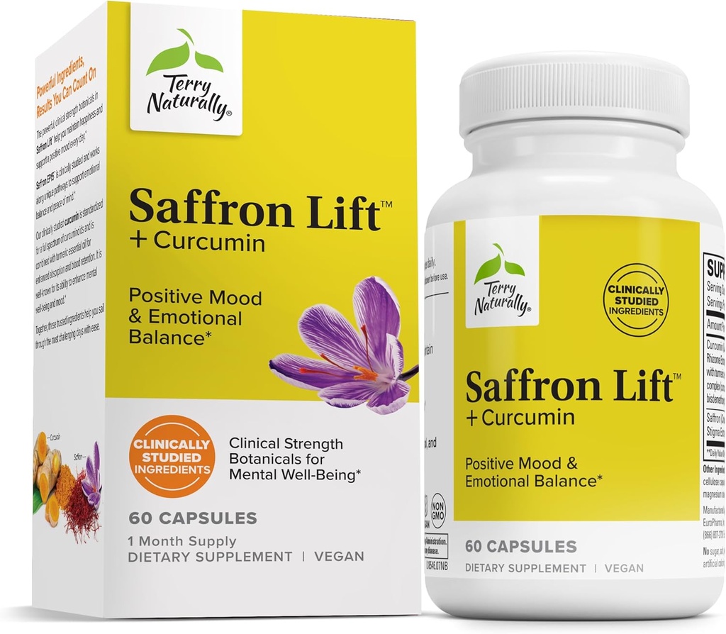 Terry Φυσικά Saffron Lift + Κουρκουμίνη - συμπλήρωμα βοτάνων με κουρκουμίνη - Κάψουλες μη-GMO Saffron & Brain Curcumin - Συμπληρώματα στήριξης συγκέντρωσης & χαλάρωσης - 60 κάψουλες