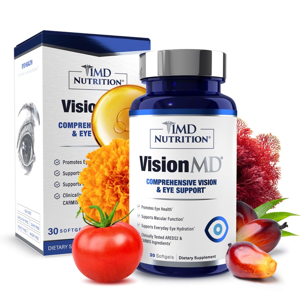 1MD Διατροφή VisionMD Eye Vitamin CARMIS - Συμπλήρωμα ματιών για ενήλικες - με OptiLut Lutein & Zeaxanthin - Υποστηρίζει Vision Health Care, Everyday Eye Strain, & Occasional Dry Eye - 30 Softgels