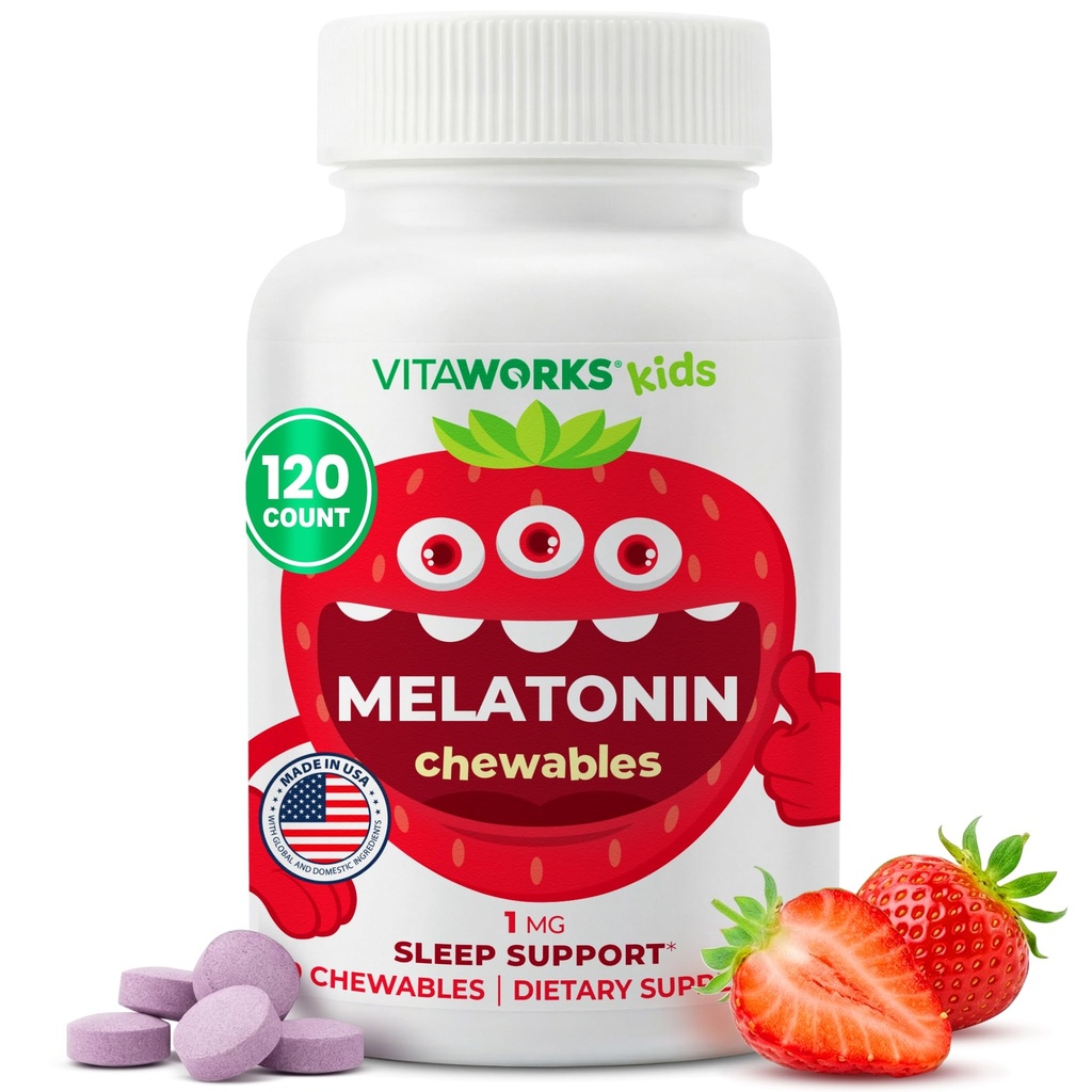 Παιδική μελατονίνη 1 mg Μασώμενα με L theanine, Chamomile και εκχύλισμα λεμονιού Μασώμενα δισκία - Natural Berry Flavor - for Help Falling and Staying Asleep - for Children - 120 Chewables