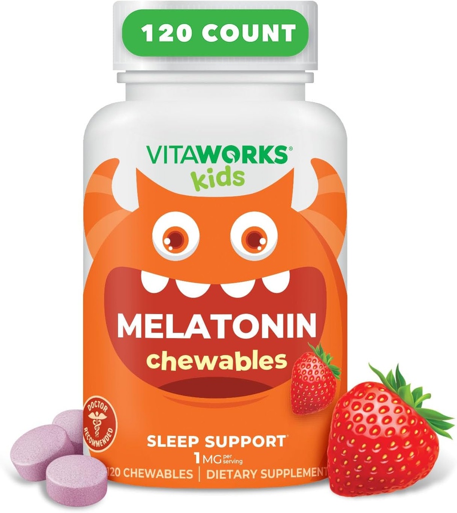 Kids Melatonin 1 mg Chewable with L theanine, Chamomile and Lemon Balm Extract Chewable Tablets - Natural Berry Flavor - for Help Falling and Staying Asleep - for Children - 120 Chewables