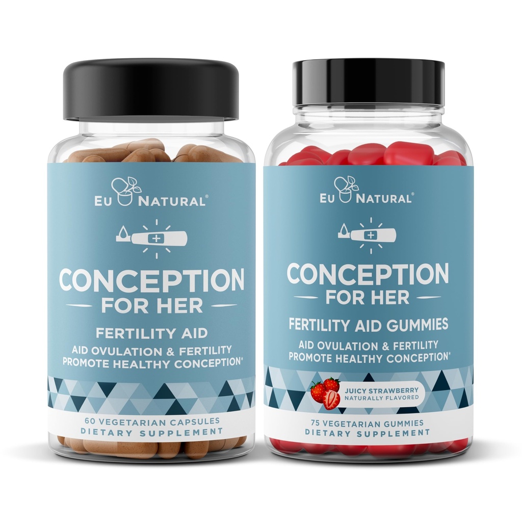 Eu Natural Conception for Her Capses & Gummies Bundle – Aids Ovulation, Ορμονική Ισορροπία, & Κανονικοί Κύκλοι – 60 Κάψουλες + 75 Φράουλα Γεύσεις