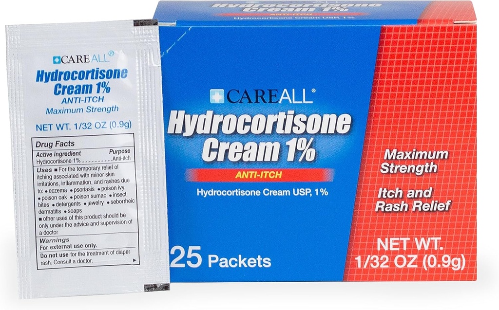 CareAll Hydrocortisone Cream 1% (25 Pack), 0.9gr Foil Packet. Μέγιστη δύναμη διαμόρφωσης, αντι-εξάνθημα εξάνθημα κρέμα δέρματος ανακουφίζει φαγούρα, έκζεμα, έντομο τσιμπήματα, δηλητήριο κισσό, και Ψωρίαση