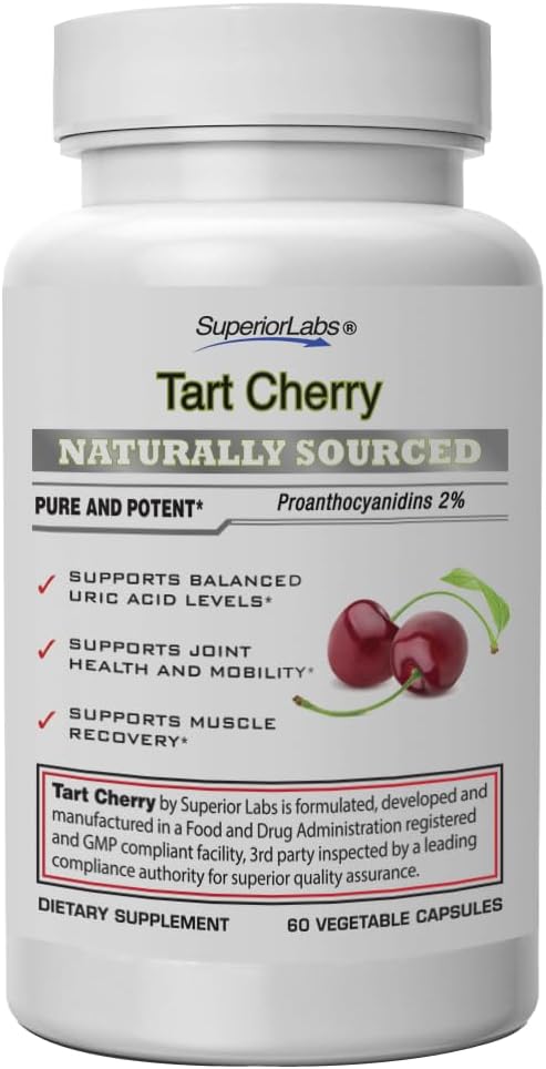 SuperiorLabs Tart Cherry 1000 mg Extract, 2% Proanthocyanidins, Supports Balanced Uric Acid Levels, Celery Seed & Black Pepper Extracts for Maximum Absorption, 60 Veg Caps