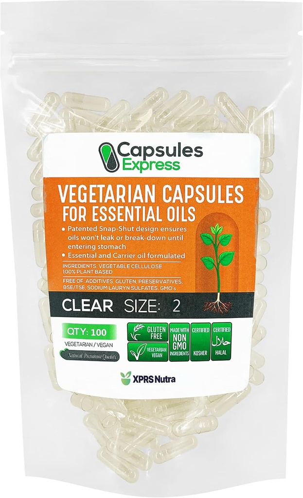 XPRS Nutra Μέγεθος 2 Κενές κάψουλες Vegan - 100 Clear Veggie Κάψουλες για τα περισσότερα αιθέρια έλαια - Κενά χάπια λαχανικών για αιθέρια έλαια - DIY πλήρωσης