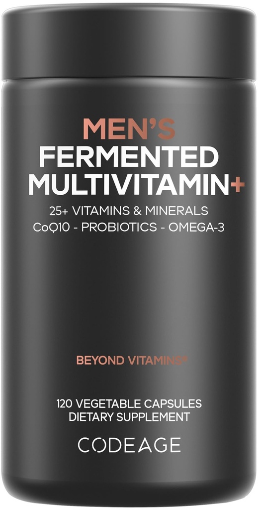 Codeage Men’s Daily Multivitamin – 25+ Ουσιώδεις Βιταμίνες & Ορυκτά, Βιολογικά Ολόκληρα Τρόφιμα, Προβιοτικά, Ωμέγα-3, Ψευδάργυρος, Βιταμίνες A, B, C, D, E & K – 120 Κάψουλες