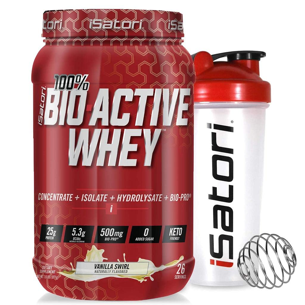 iSatori Bio-Active Whey Protein Powder - Vanilla Swirl (30 σερβιέτες) & iSatori Classic Blender Bottle (Καθαρό μπουκάλι με κόκκινο καπάκι)