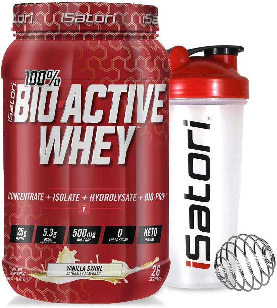 iSatori Bio-Active Whey Protein Powder - Vanilla Swirl (30 Servings) & iSatori Classic Blender Bottle (Clear Bottle with Red Top)