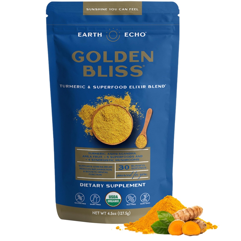 Earth Echo Golden Bliss, Organic Turmeric Superfood Elixir Blend with Ashwagandha Root, MCT Oil and 4 Mushroom Blend for Restful Sleep, Immune Support and Reduces Craving, Dairy-Free, 30 Services