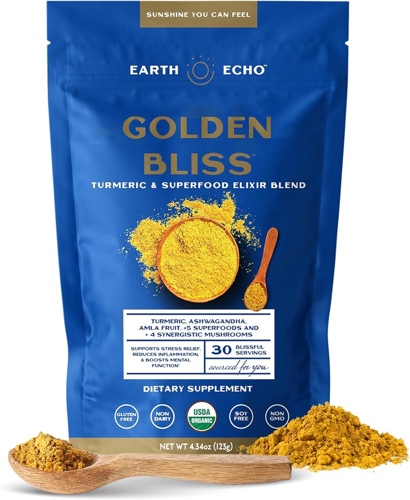 Earth Echo Golden Bliss, Organic Turmeric Superfood Elixir Blend with Ashwagandha Root, MCT Oil and 4 Mushroom Blend for Restful Sleep, Immune Support and Reduces Craving, Dairy-Free, 30 Servings