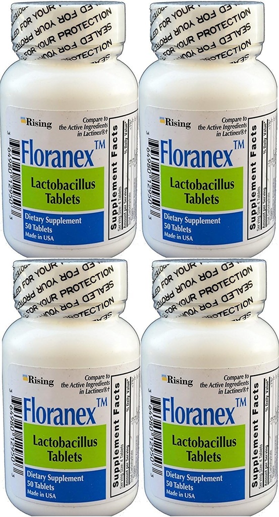 Floranex Probiotic 2 Million CFU, Lactobacillus Acidophilus για την υγεία του παχέος εντέρου, Γενόσημο για τη Lactinex, Ράφι Σταθερό Όχι Ψύξη, 50 δισκία ανά φιάλη, 4- Συσκευασία