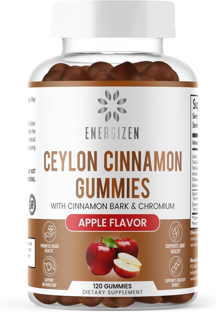 Κανέλα + Chromium Gummies - 120 Vegan Gummies - Κοινή υποστήριξη Πόνος & Εγκεφαλική Υγεία, Χωρίς ζάχαρη, Αντιοξειδωτικό Πλούσιο, Μη ΓΤΟ, Χωρίς Γλουτένη, Φυσικό άρωμα μήλου