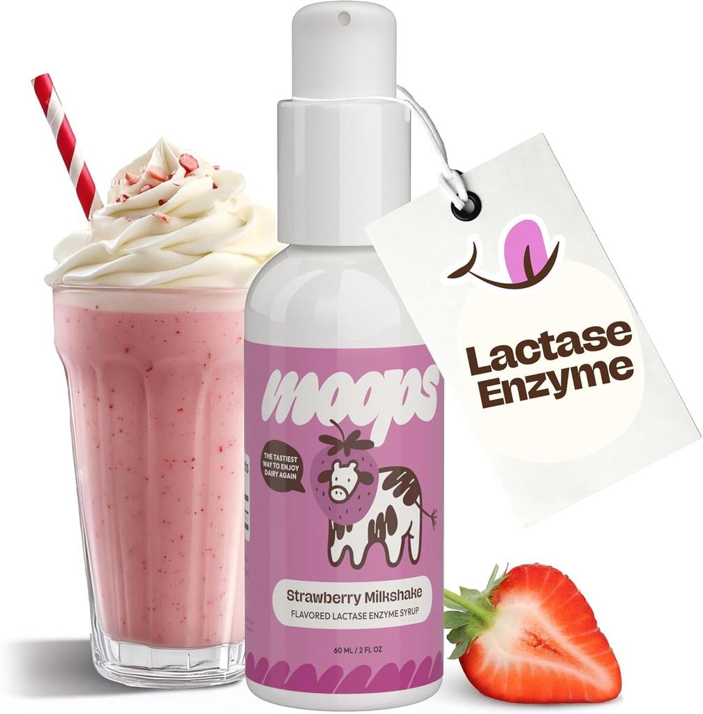 Moops Liquid Lactase Enzyme Syrup 2oz – Delicious Strawberry Milkshake Flavor – 10.000 FCC Units for Fast Action Dairy Relief – Προσαρμόσιμη δόση για δυσανεξία στη λακτόζη – Φορητή αντλία Twist-to-Lock