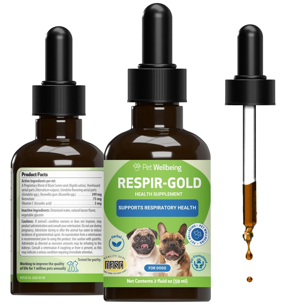Pet Wellbeing Respir-Gold for Dogs - Υποστηρίζει υγιή αναπνοή, Open Airways, αναπνευστική υποστήριξη, μαύρο κύμινο, κυνηγόσκυλο, Grindelia - Κτηνιατρικό-Σχηματισμένο συμπλήρωμα βοτάνων 2 oz (59 ml)