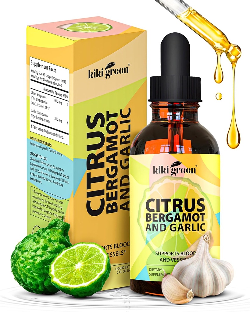 KIKI Green Liquid Citrus Bergamot & Garlic Extract - Citrus Bergamot συμπλήρωμα για την υγεία της καρδιάς, την υποστήριξη του ανοσοποιητικού συστήματος και την υγιή γήρανση μη ΓΤΟ, συμπλήρωμα χωρίς γλουτένη 2 Fl Oz.