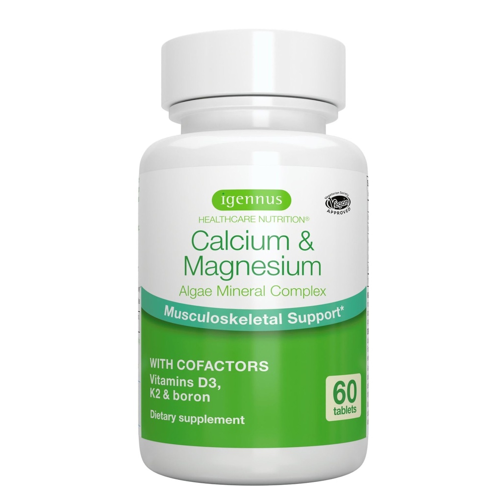 Igennus Algae Calcium & Magnesium Supplement, Plant Based, Υψηλή Απορρόφηση, K2 & D3, Μη GMO Red Algae Mineral Complex for Bone & Teeth Support, for Women and Men, with Boron, Vegan, 60 Tablets