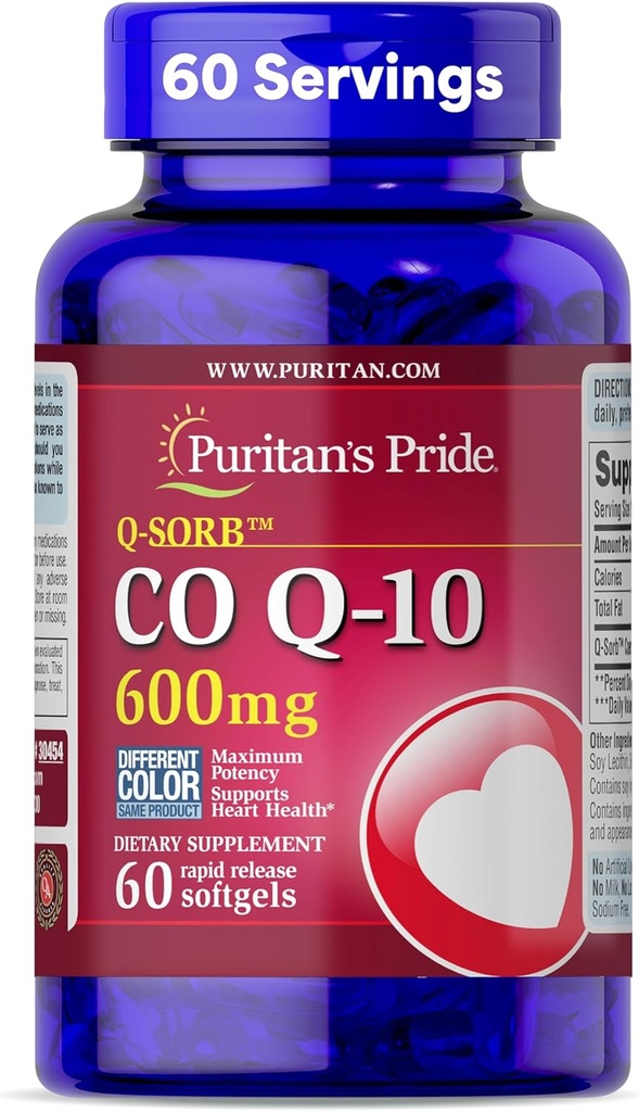 Puritan's Pride Coenzyme CoQ10 600mg, Συμπλήρωμα διατροφής για την υγεία της καρδιάς, την πίεση του αίματος, την υγεία των στοματικών ούλων και την υγιή γήρανση Υποστήριξη, 60 ημέρες προσφοράς, ταχεία απελευθέρωση Softgels