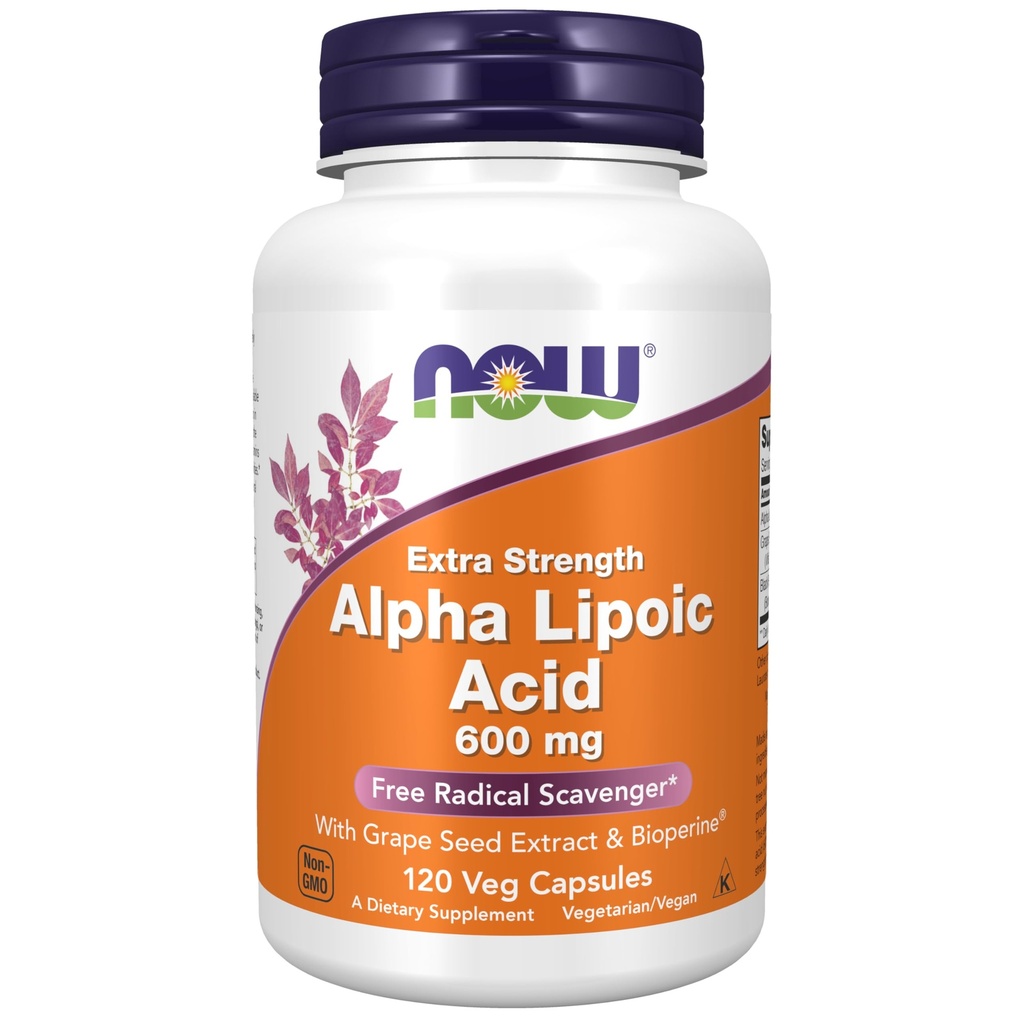 NOW Συμπληρώματα διατροφής, Alpha Lipoic Acid 600 mg με εκχύλισμα σπόρων σταφυλιών & Bioperine®, Extra Strength, 120 κάψουλες λαχανικών
