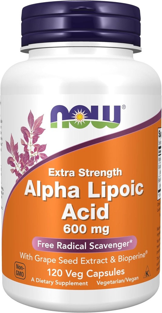 NOW Συμπληρώματα διατροφής, Alpha Lipoic Acid 600 mg με εκχύλισμα σπόρων σταφυλιών & Bioperine®, Extra Strength, 120 κάψουλες λαχανικών