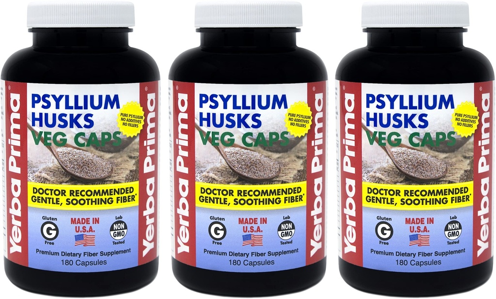 Yerba Prima Psyllium Husks Veg Caps - 180 Count (Pack of 3) - Vegan, Non-GMO, Gluten Free, Colon Cleanser, Daily Fiber Supplement for Gut Health & Regularity
