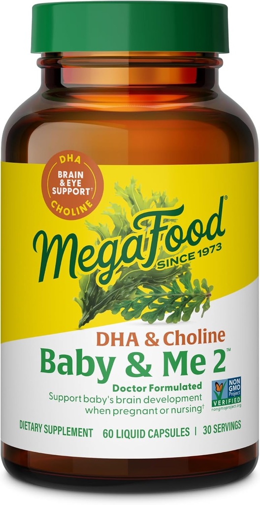 MegaFood Baby & Me 2 Προγεννητικές Βιταμίνες για γυναίκες, DHA & Choline Συμπληρώματα, Υγρό DHA και Choline για τον εγκέφαλο και την ανάπτυξη των ματιών του μωρού Κατά τη διάρκεια της εγκυμοσύνης, Vegan, 60 κάψουλες (30 εξυπηρετούν)