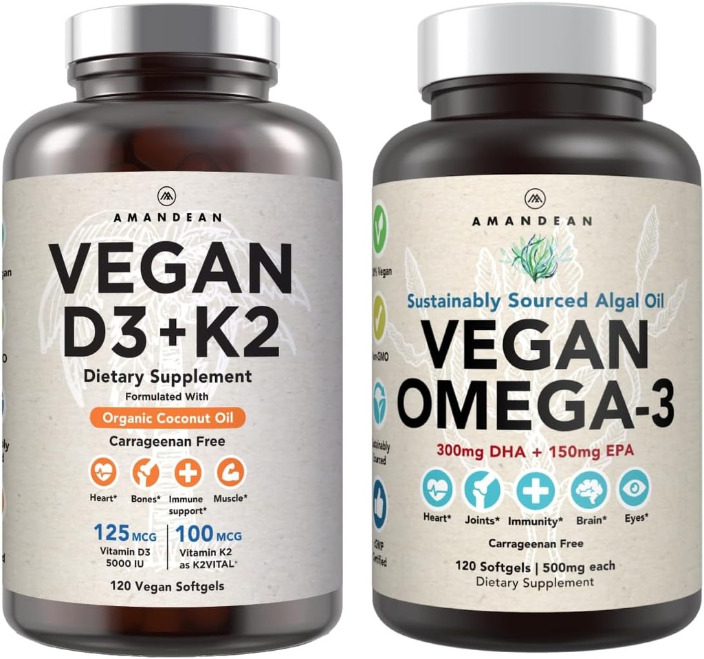 Vegan Powerhouse Combo. Ωμέγα-3 από Αλγικό Έλαιο & Βιταμίνη D3 + K2. Φυτό-βασισμένο 5000 iu VIT D από Algae. 100 mcg All-Trans MK-7 Vita K. Carrageenan Free Veggie Softgels.