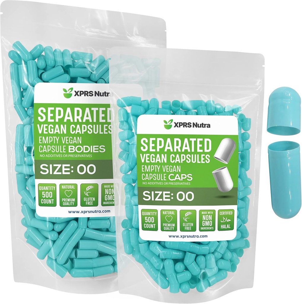 XPRS Nutra Vegan Μέγεθος 00 Χωριστές κάψουλες - 500 Count Premium Άδειες κάψουλες χωρίζονται σε τσάντες - 00 Χάπια Κενά για συμπλήρωση συμπληρώματος DIY (Aqua)