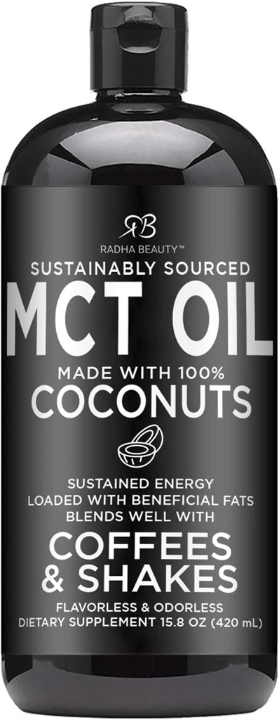 Radha Beauty Premium MCT Oil Made only from Non-GMO Coconuts - 15.8oz. Κέτο, Παλαιό, Χωρίς Γλουτένη και Vegan Εγκεκριμένα.