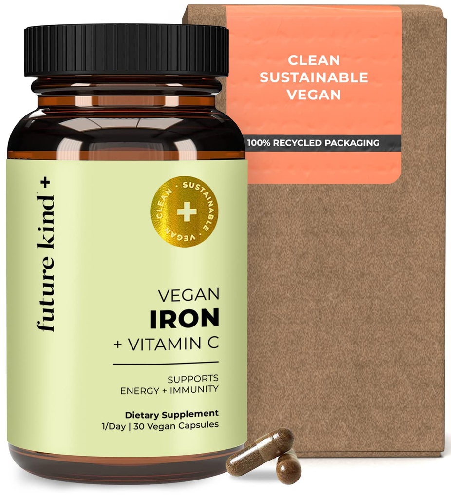 Future Kind Vegan Iron Supplement for Men & Women with Vitamin C for Energy, Focus and Immunity Support - 30-Day Supply, Μία κάψουλα την ημέρα (30ct in Glass Bottle)